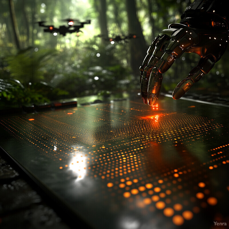 A futuristic scene of robots operating in a forest setting.