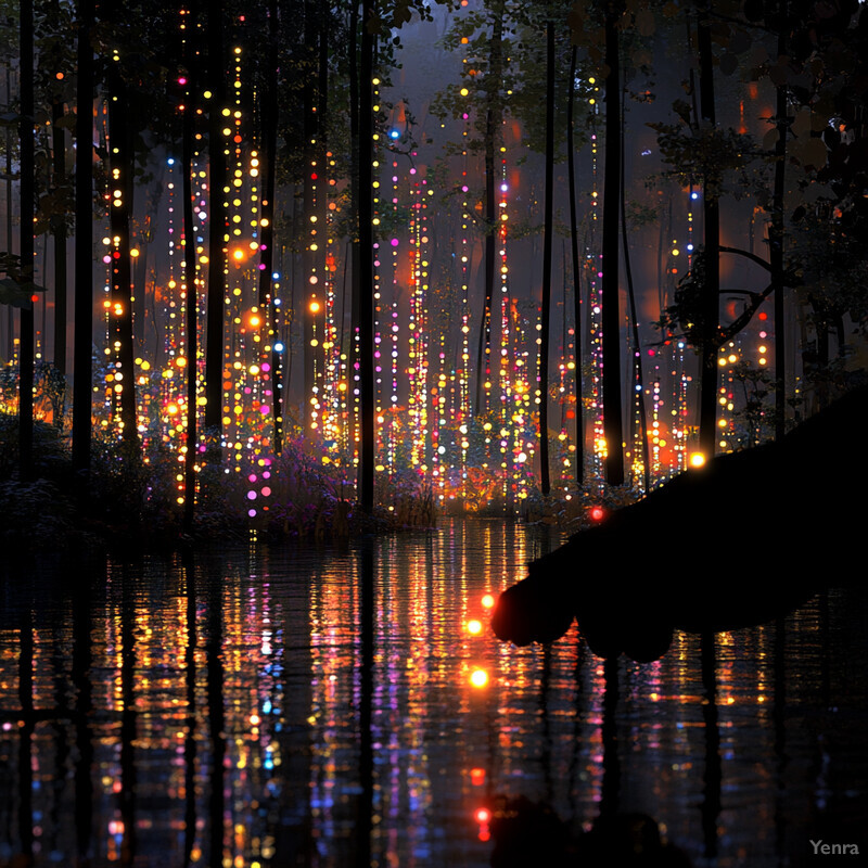 A serene forest scene with tall trees and a body of water in the foreground, illuminated by numerous colorful lights.