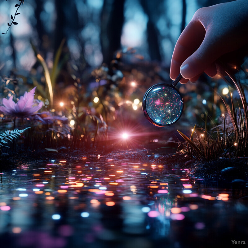 A person's hand holding a magnifying glass over a peaceful forest pond filled with water lilies and lotus flowers.