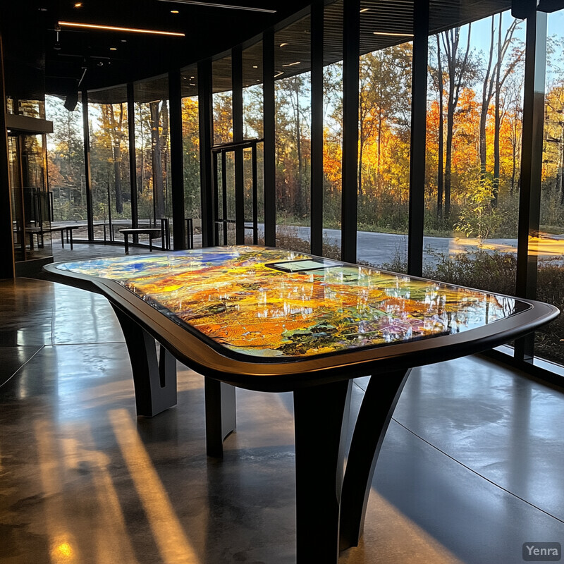 An interior space with a colorful table and large windows offering a view of autumn trees outside.