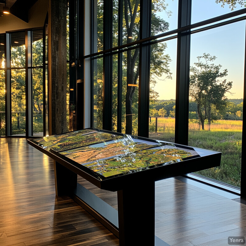 An indoor setting with a large window offering a scenic view of trees and grassy fields outside.