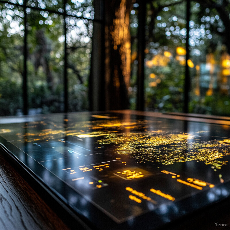 An interactive table with a large screen displaying graphs and charts in an indoor room.