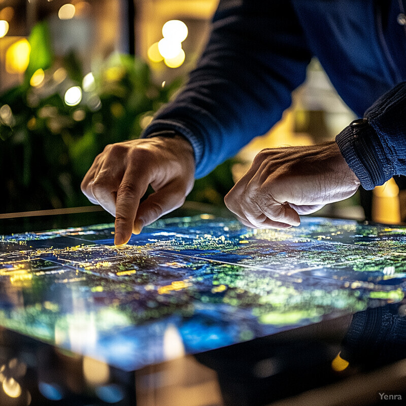 A person interacts with an interactive map or display in a conference room setting.