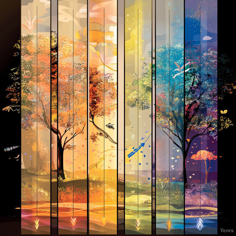 A collection of vertical panels depicting various seasonal scenes with trees and birds.