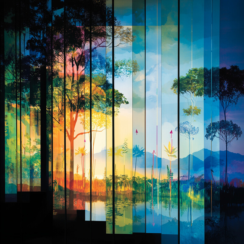 A vibrant artwork featuring multiple vertical strips of colorful imagery evoking the essence of nature.