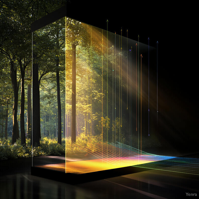 A 3D cube containing a forest scene with radiating lines in various colors.