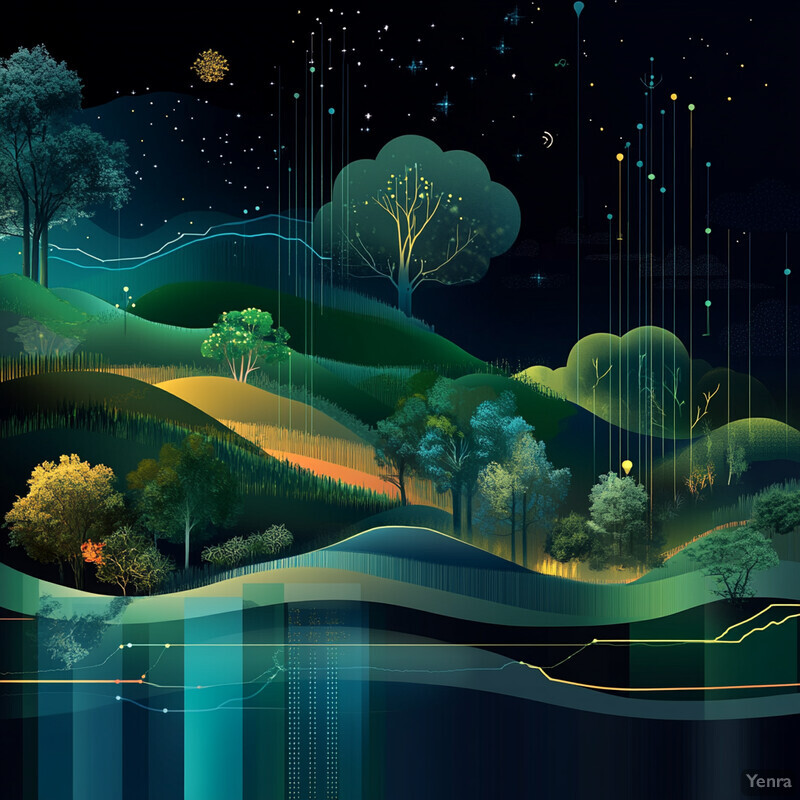 An abstract landscape with a mix of natural and digital elements, featuring a stylized tree and rolling hills against a dark background.