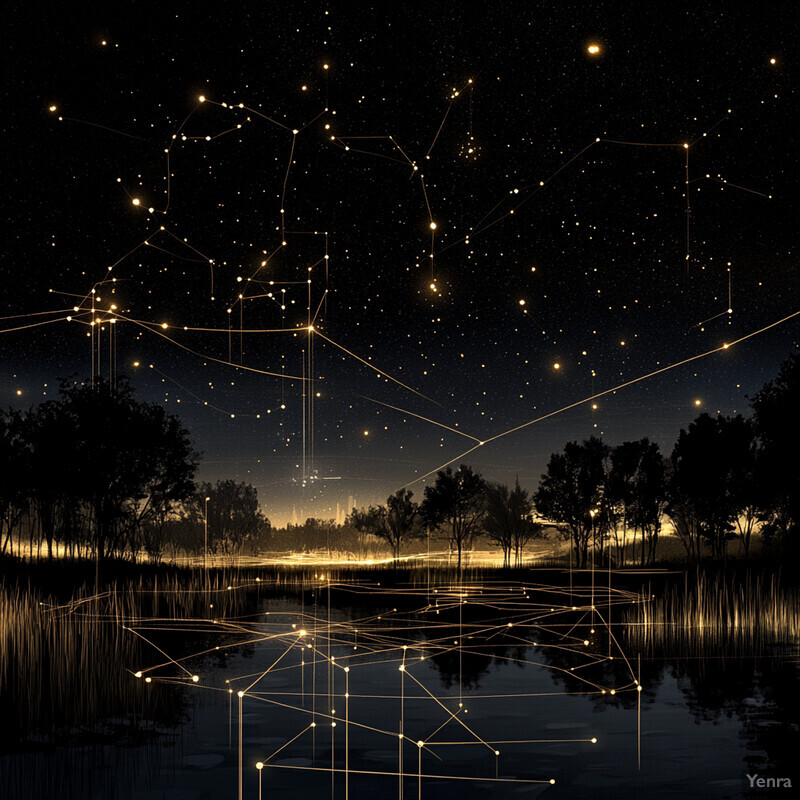 A peaceful nighttime scene with stars reflected in the water and trees silhouetted against the sky.