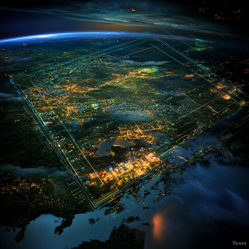 Aerial view of a city or town at night with numerous buildings and structures illuminated by lights.