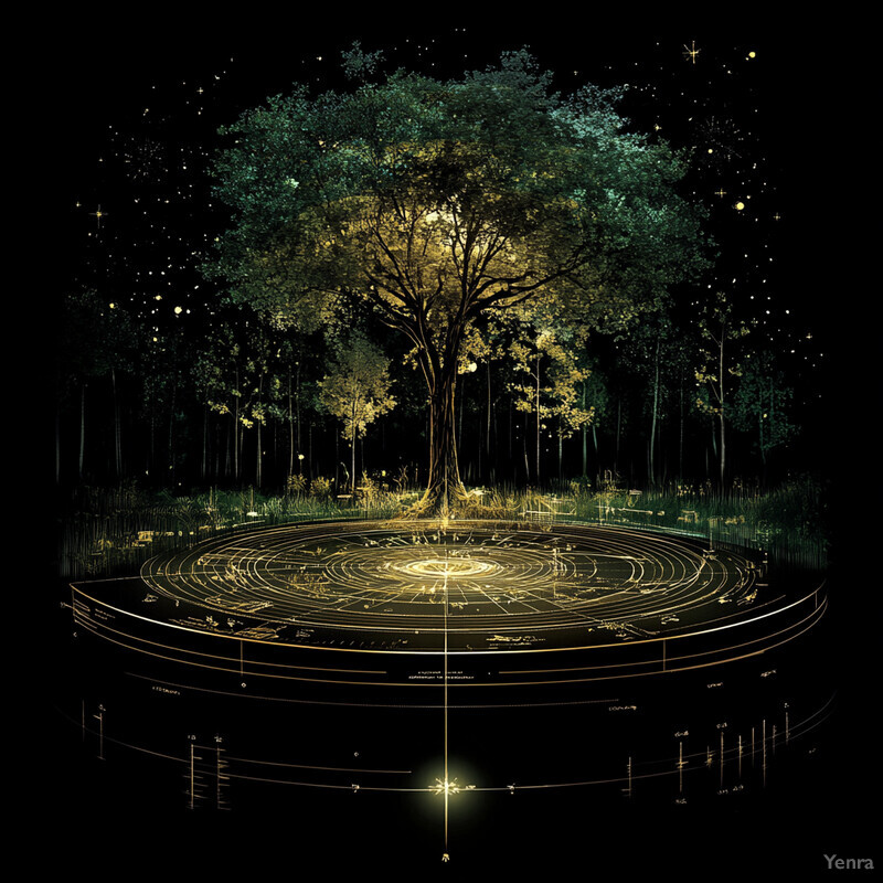 A serene forest scene with a glowing tree at its center and an astronomical chart in front of it.