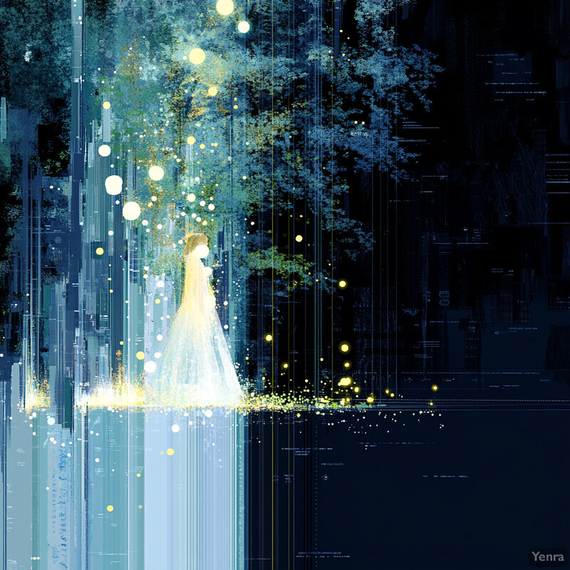 A woman in a white dress stands amidst a forest of trees surrounded by glowing orbs.