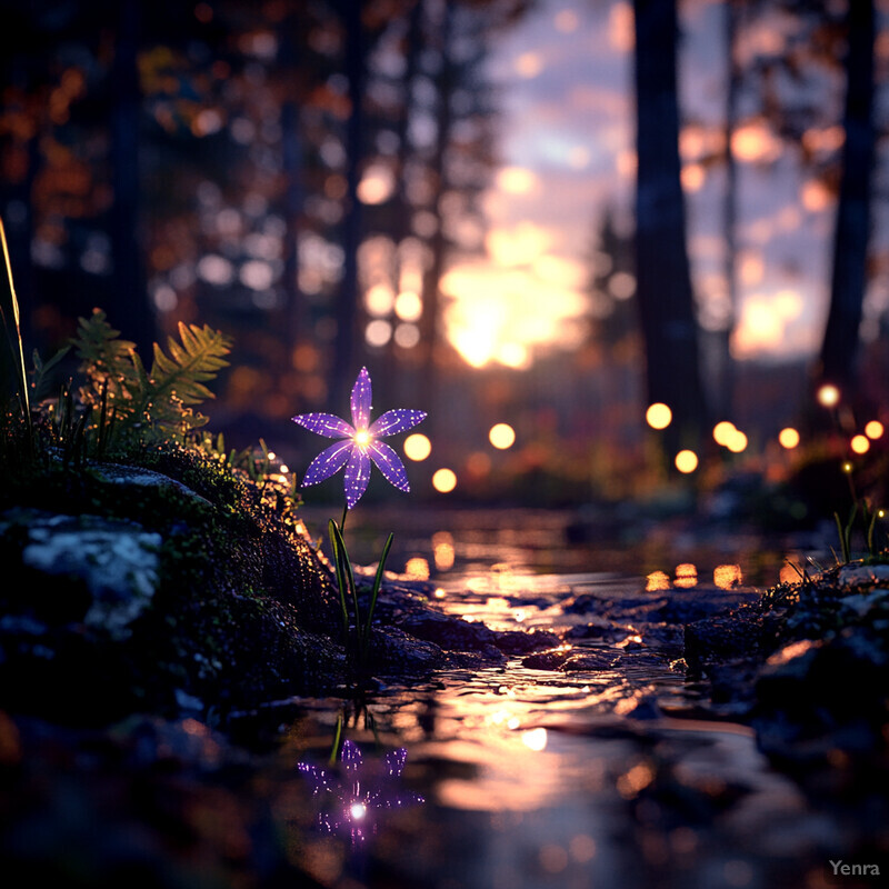 A serene forest scene with a purple flower blooming on the bank of a small stream.