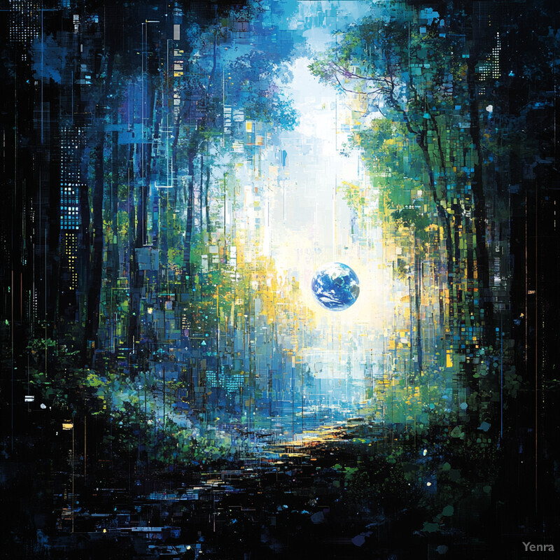 A futuristic forest scene with a glowing blue orb and various technological elements.