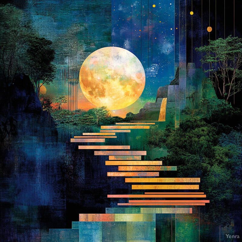 A surreal painting of a staircase leading to the moon, set against a backdrop of lush greenery and vibrant colors.