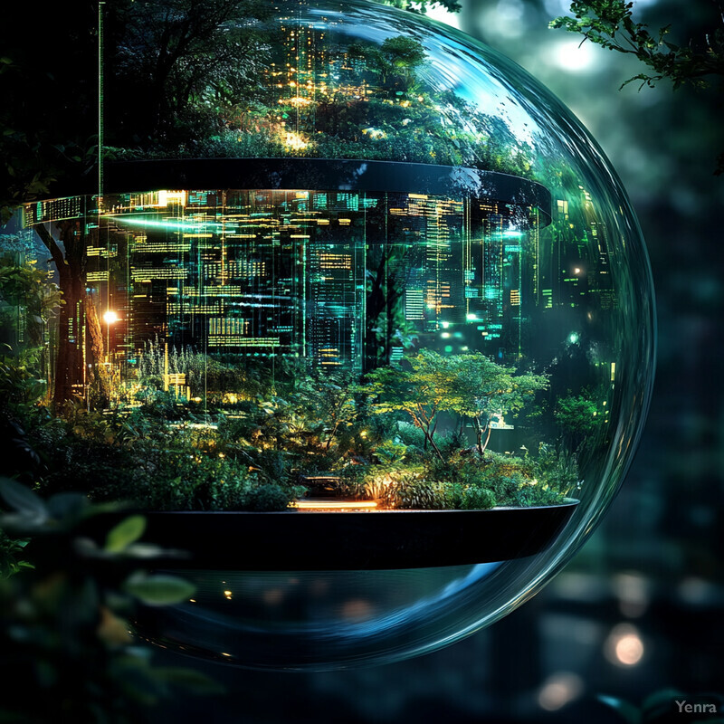 A futuristic cityscape within a glass dome surrounded by lush greenery and trees.