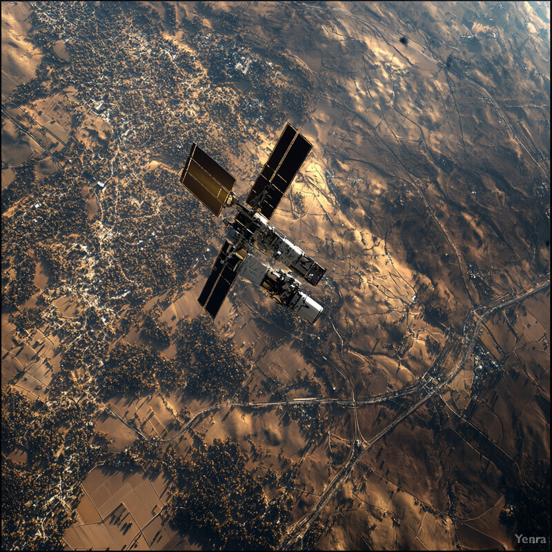 Aerial view of a city or town with brown fields and black trees