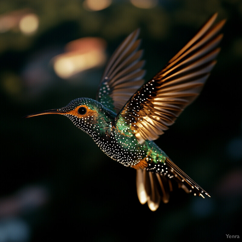 A hummingbird in flight with iridescent feathers.