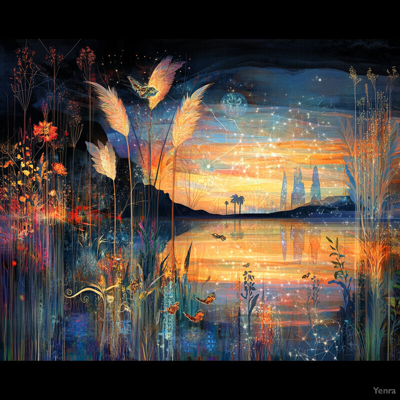 A vibrant and imaginative scene of a fantasy landscape at sunset.