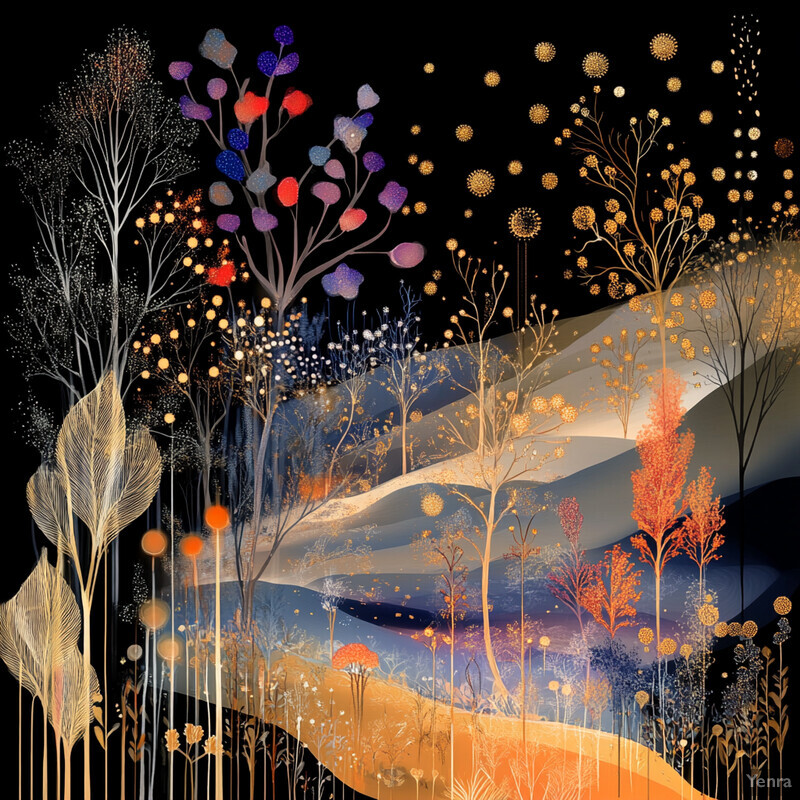 Abstract digital artwork featuring various plants and flowers in shades of orange, gold, and black.