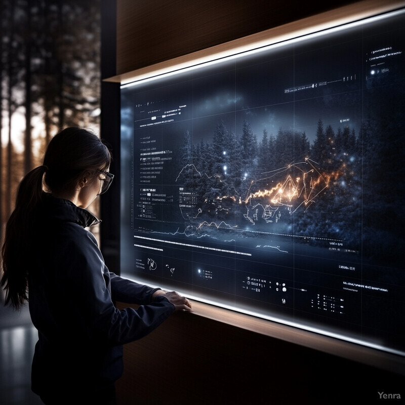 A woman is intently gazing at a large screen displaying a forest scene, conveying a sense of focus and attention to detail.