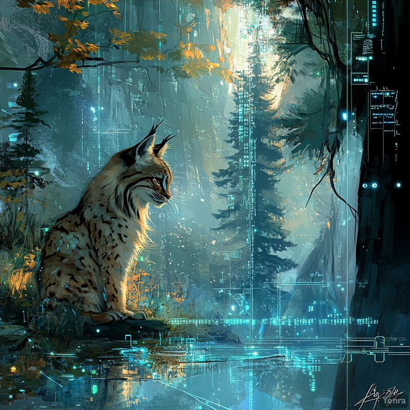 A serene forest scene with a large lynx sitting on a rock surrounded by tall trees and lush greenery.