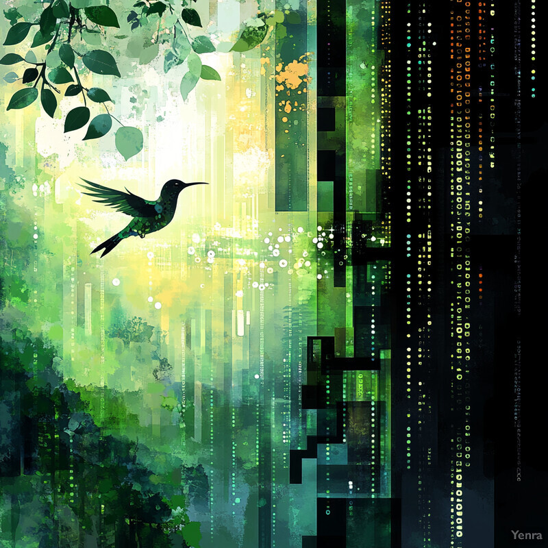 A vibrant artwork featuring a hummingbird in flight amidst lush greenery, with abstract digital patterns on the right-hand side.