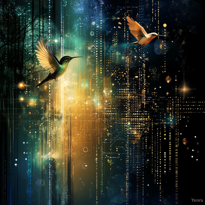 Two hummingbirds in flight over a forest and circuit board background.