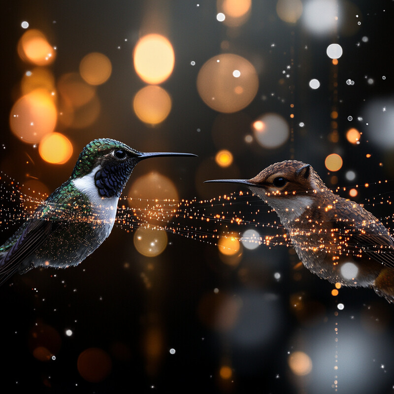 Two hummingbirds face each other in mid-air, with their beaks almost touching.