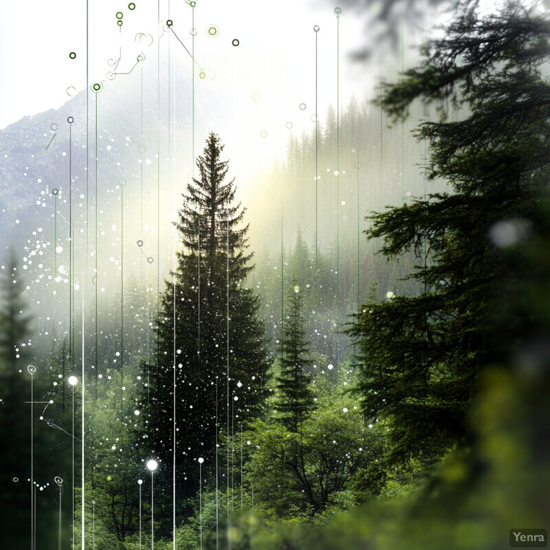 A serene forest scene with tall evergreen trees and lush undergrowth.