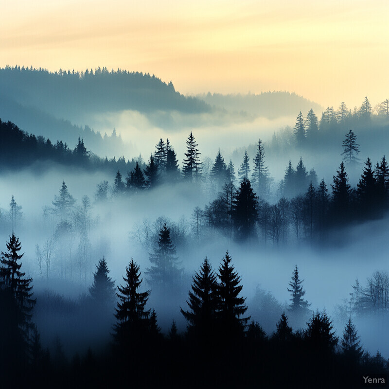 A serene and misty forest landscape with trees of varying sizes scattered throughout the scene.