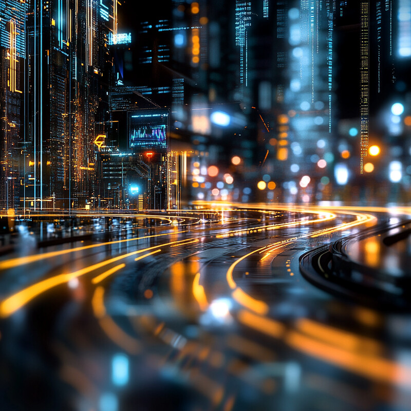 A cityscape at night, with a focus on the road and surrounding buildings.