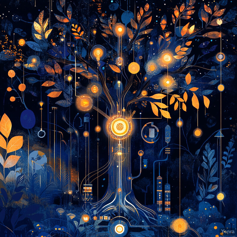 A futuristic depiction of a tree with glowing orbs and leaves representing different components or systems within the network.