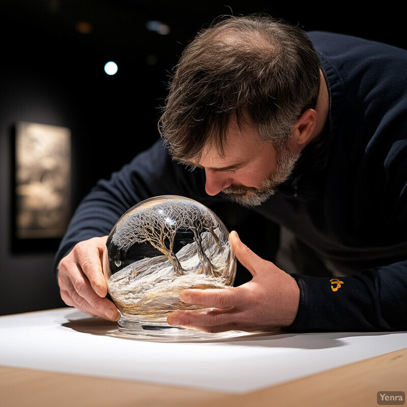 A man examines a glass sphere containing a miniature winter scene in an indoor setting.