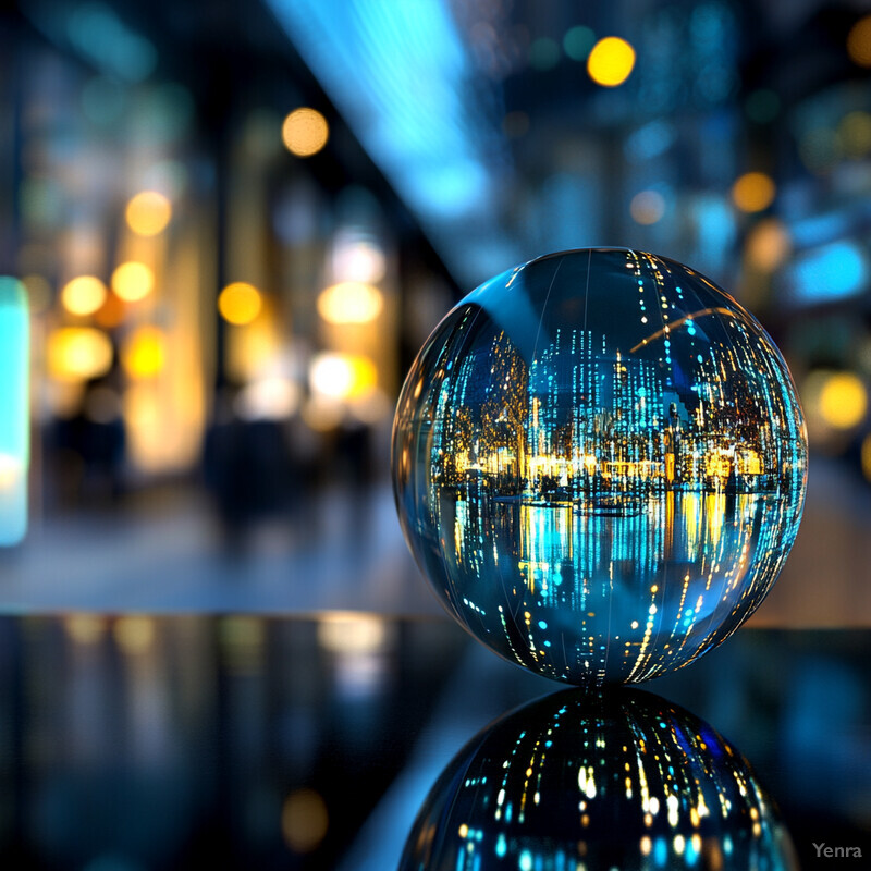 An abstract cityscape is reflected within a reflective blue sphere.