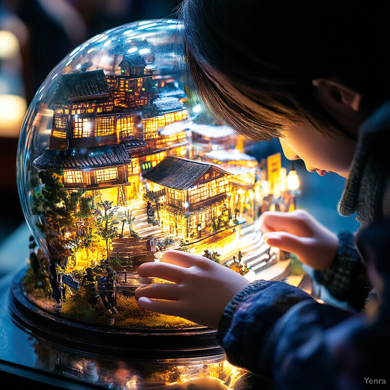 A young child is intently examining a glass globe containing a miniature village, complete with intricately detailed buildings and figures.