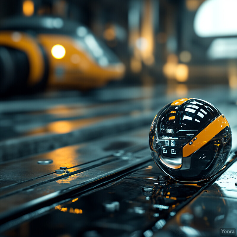 A futuristic sphere sits on a dark metallic surface in an industrial setting.