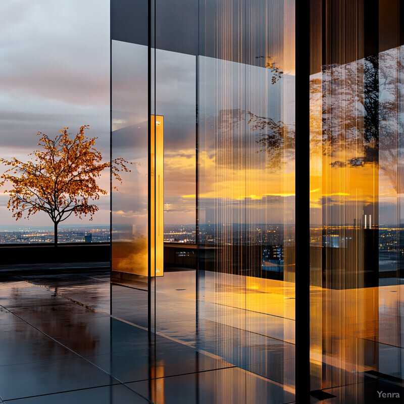 A stunning image of a modern glass-walled room with a breathtaking view of the cityscape at sunset or sunrise.