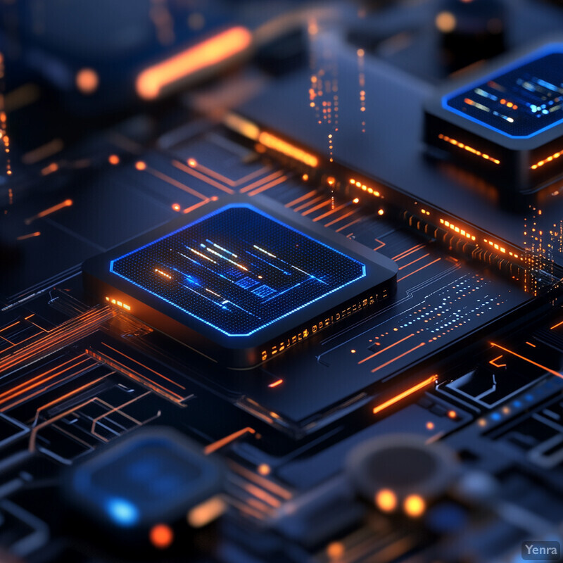 A close-up of computer chips on a circuit board.