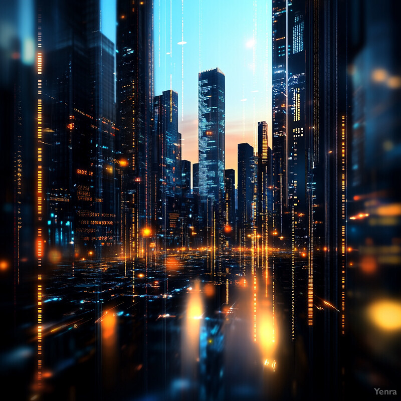 A futuristic cityscape with towering skyscrapers and a vibrant atmosphere.