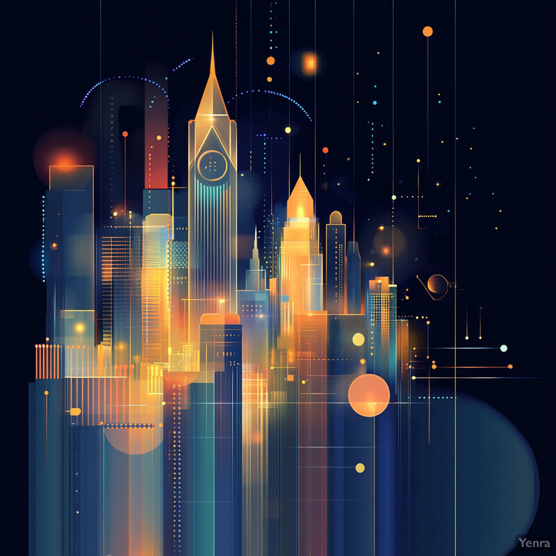 A futuristic cityscape at night, with towering skyscrapers and neon lights illuminating the dark sky.