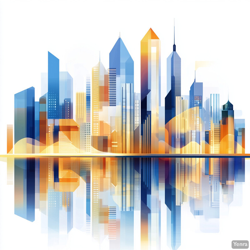 A vibrant cityscape with numerous skyscrapers and buildings of varying heights, colors, and shapes.