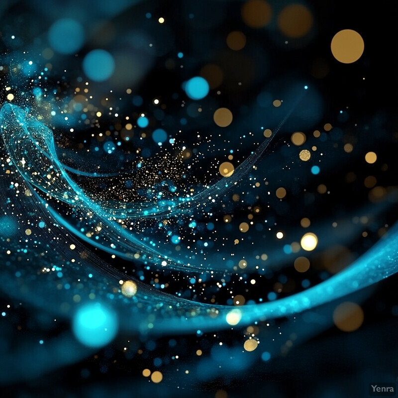 Abstract digital artwork featuring swirling blue and gold shapes against a black background.