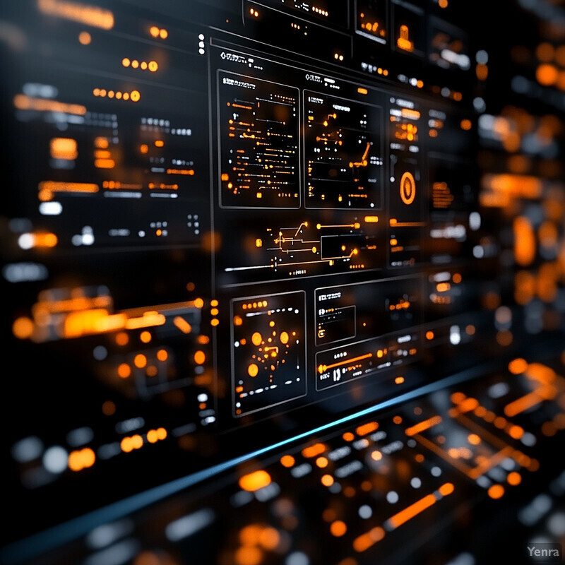 A futuristic control panel with multiple screens and buttons, displaying a complex system map.