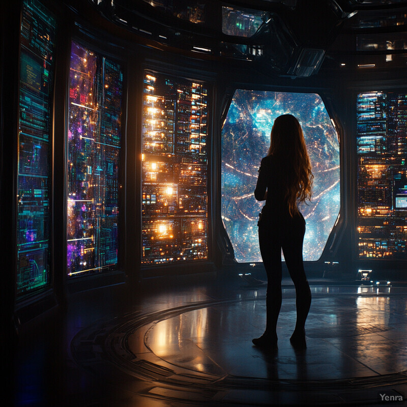 A woman stands in front of a large screen displaying various images and data.