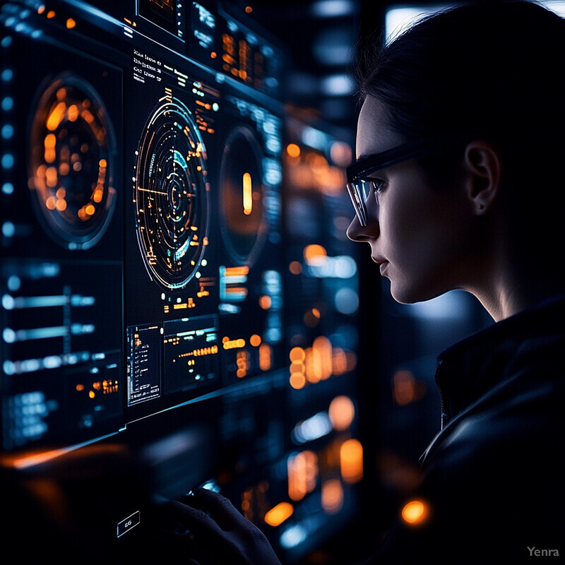 A person is intently studying a complex data visualization on a screen, surrounded by various monitors and screens displaying an array of information.