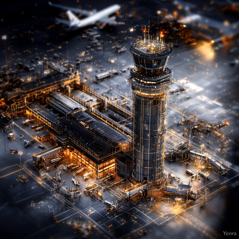 A large airport with multiple buildings and structures, including an air traffic control tower in the center.