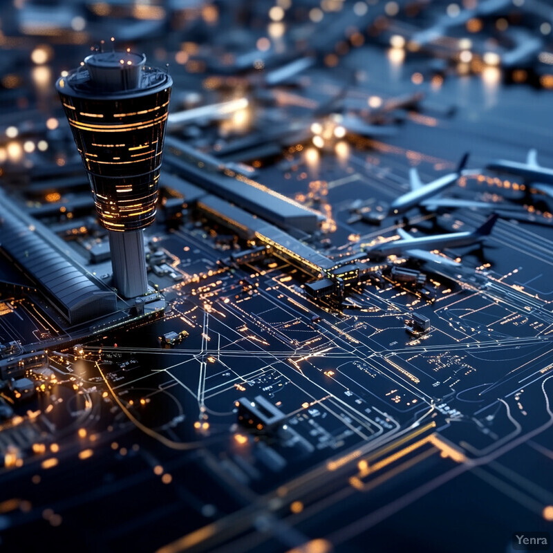 An airport at night with a control tower and several planes visible.