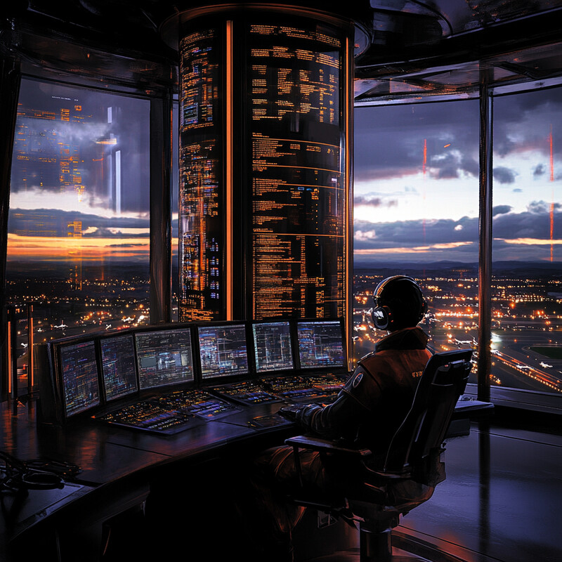 A person is sitting in a control room with several screens displaying data.