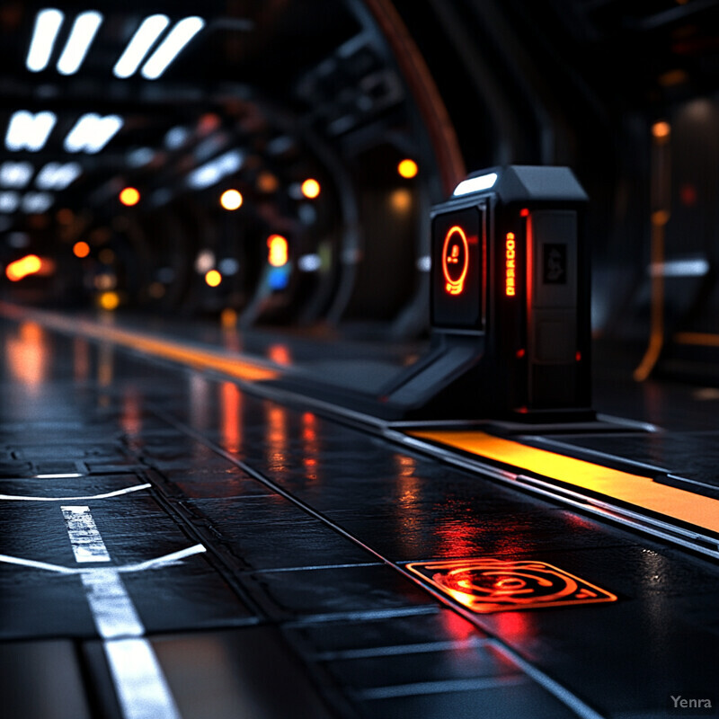 A futuristic-looking room with black walls and floors, illuminated by orange lights.