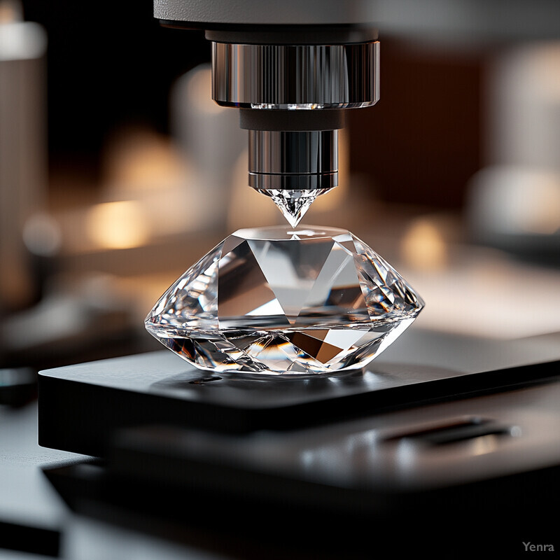 A close-up view of a diamond under microscope examination in a laboratory setting.